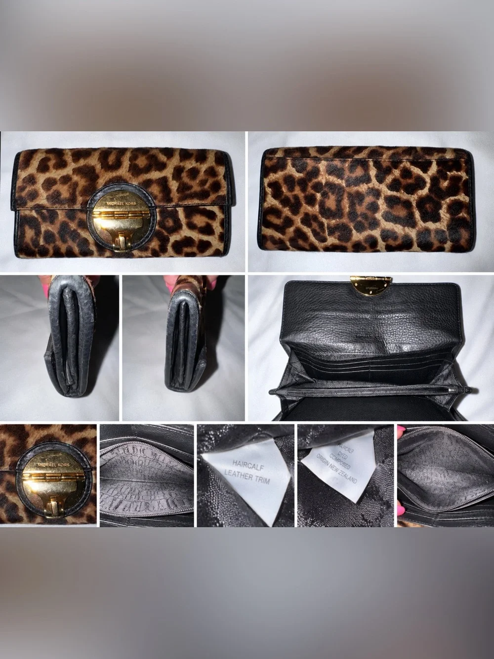 Michael Kors Leopard Haircalf Leather Turn Lock Wallet Clutch